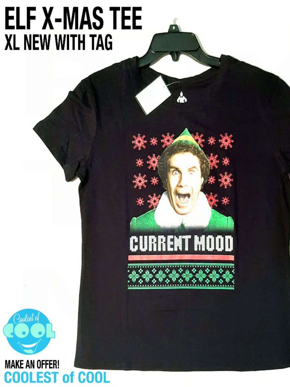Elf movie Funny Christmas Current Mood black festive shirt size XL new with tags